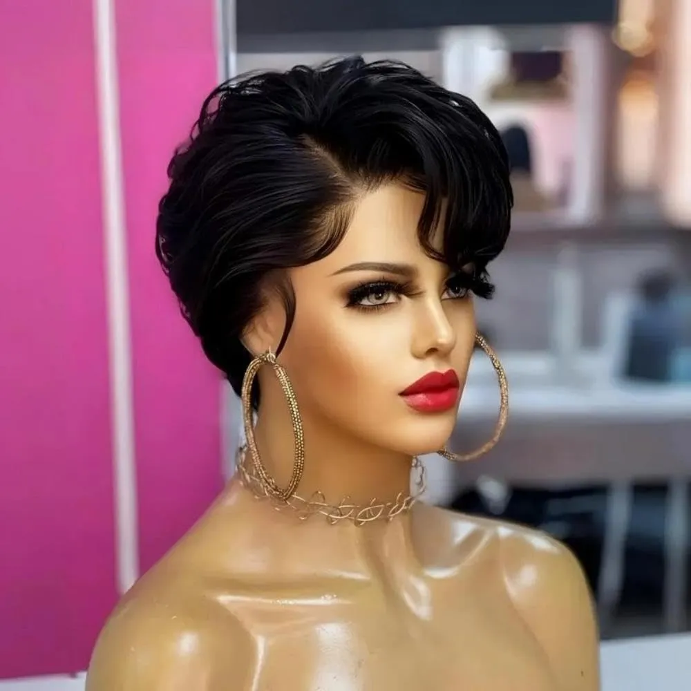Bob Wig Human Hair Short Lace Front Wigs for Black Women Human Hair Wig Pixie Cut Wig Pre Plucked T Part Lace Frontal Wig with Baby Hair 1B Color
