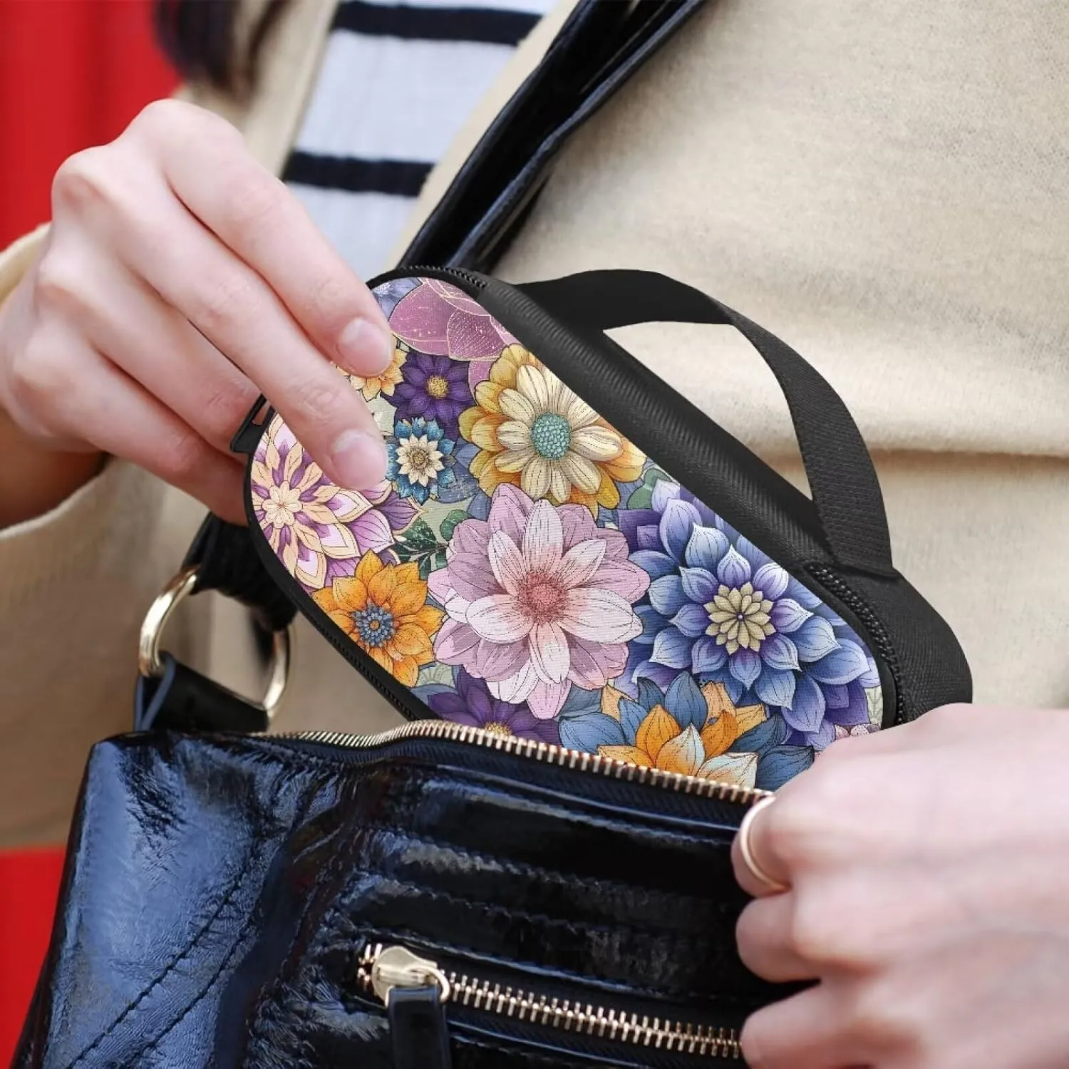 Bohemian Flower Diabetic Supplies Bag Carrying Case Organizer For Diabetes Testing Kit, Blood Glucose Monitor Kit with Meter, Blood Sugar Test Strips, Lancets, Lancing Device, Alcohol Wipe