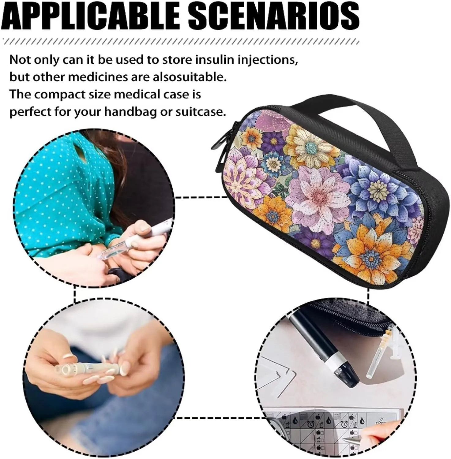 Bohemian Flower Diabetic Supplies Bag Carrying Case Organizer For Diabetes Testing Kit, Blood Glucose Monitor Kit with Meter, Blood Sugar Test Strips, Lancets, Lancing Device, Alcohol Wipe
