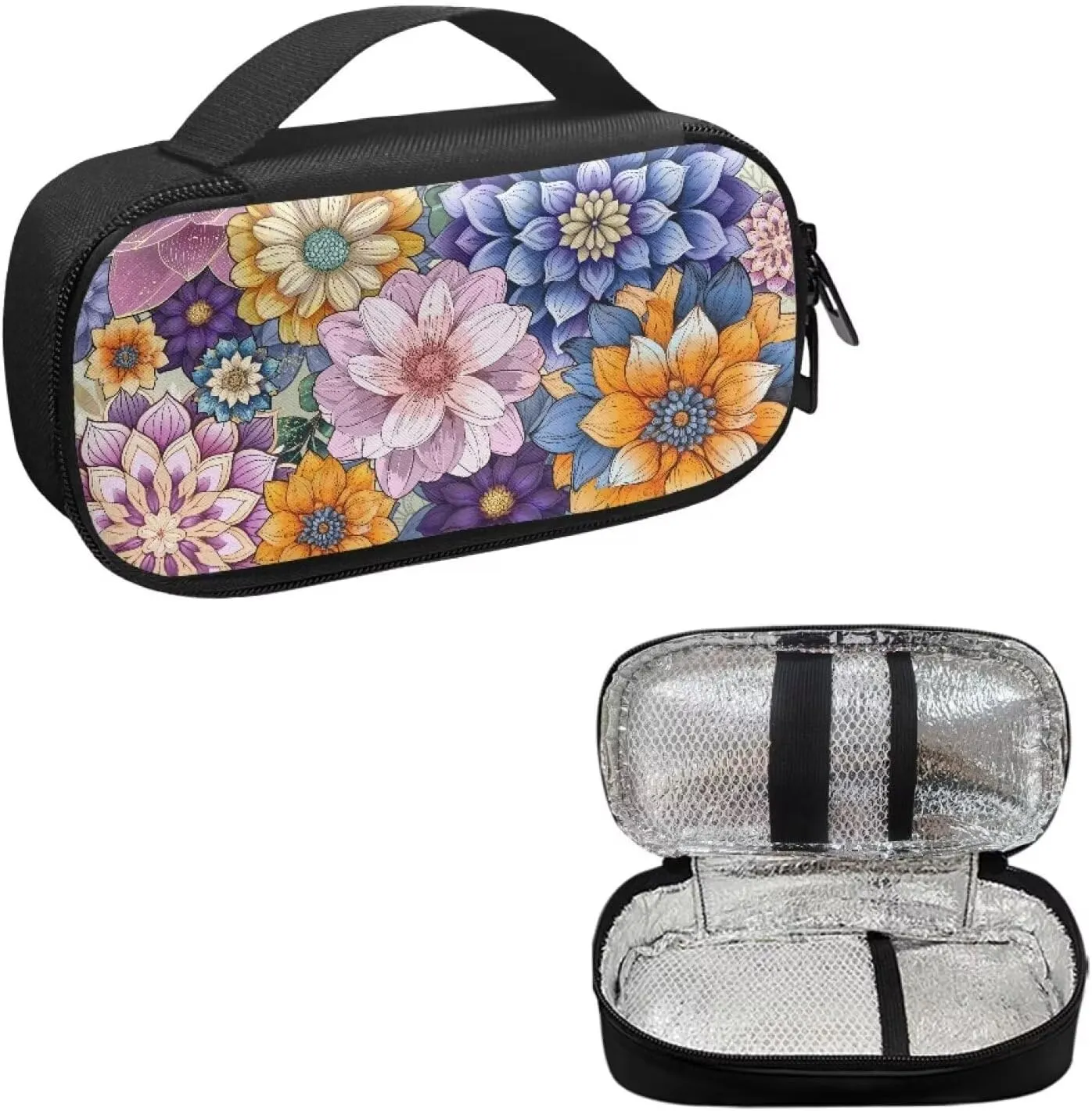 Bohemian Flower Diabetic Supplies Bag Carrying Case Organizer For Diabetes Testing Kit, Blood Glucose Monitor Kit with Meter, Blood Sugar Test Strips, Lancets, Lancing Device, Alcohol Wipe