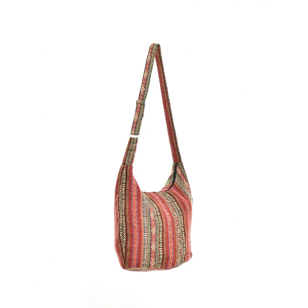 Bohotusk Red Ochre Mutli Stripe Cotton Sling Shoulder Bag Adjustable Strap Zip Closure