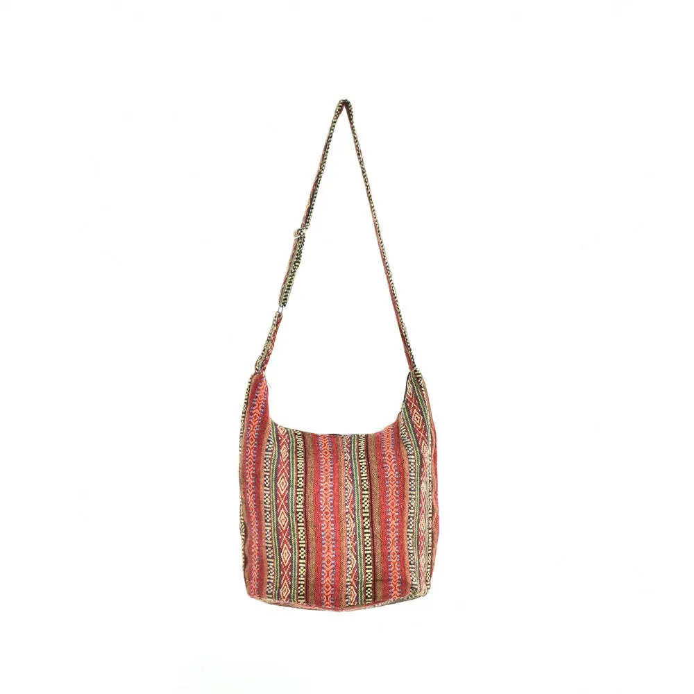 Bohotusk Red Ochre Mutli Stripe Cotton Sling Shoulder Bag Adjustable Strap Zip Closure