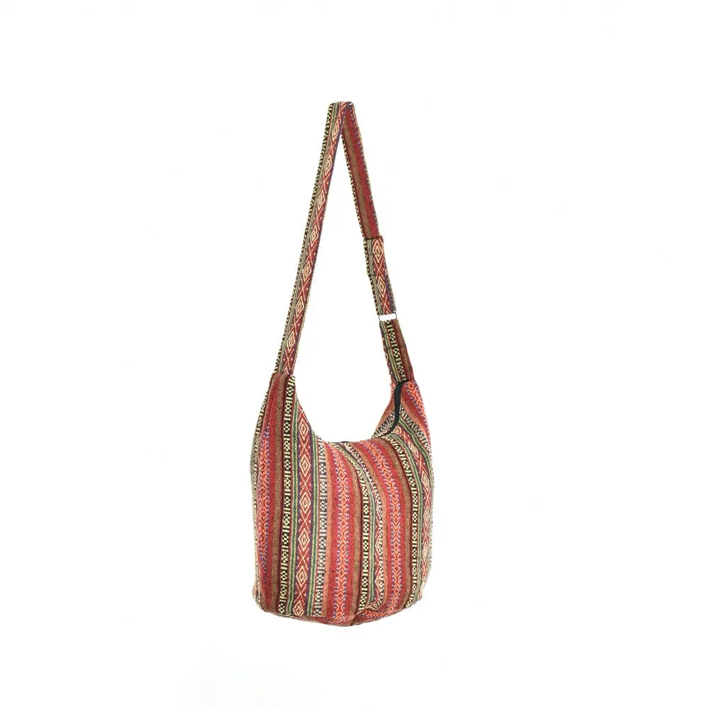 Bohotusk Red Ochre Mutli Stripe Cotton Sling Shoulder Bag Adjustable Strap Zip Closure