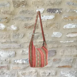 Bohotusk Red Ochre Mutli Stripe Cotton Sling Shoulder Bag Adjustable Strap Zip Closure