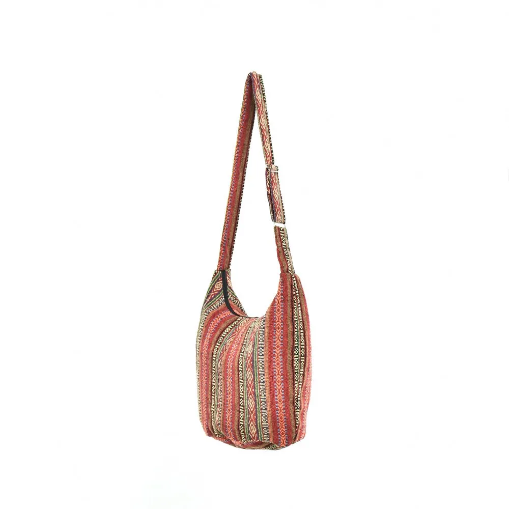 Bohotusk Red Ochre Mutli Stripe Cotton Sling Shoulder Bag Adjustable Strap Zip Closure