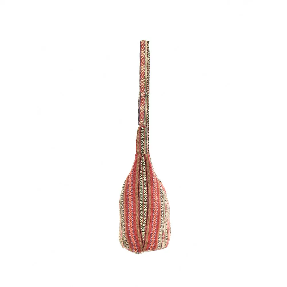 Bohotusk Red Ochre Mutli Stripe Cotton Sling Shoulder Bag Adjustable Strap Zip Closure
