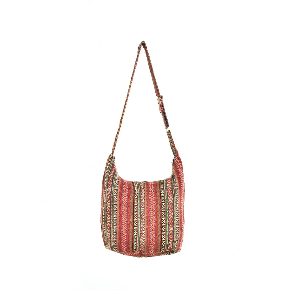 Bohotusk Red Ochre Mutli Stripe Cotton Sling Shoulder Bag Adjustable Strap Zip Closure