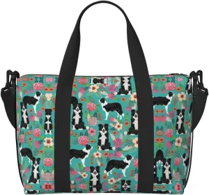 Border Collie Florals Printinggym Bags For Men Women, Foldable Travel Duffle Bag,Lightweight Weekender Duffel Bag