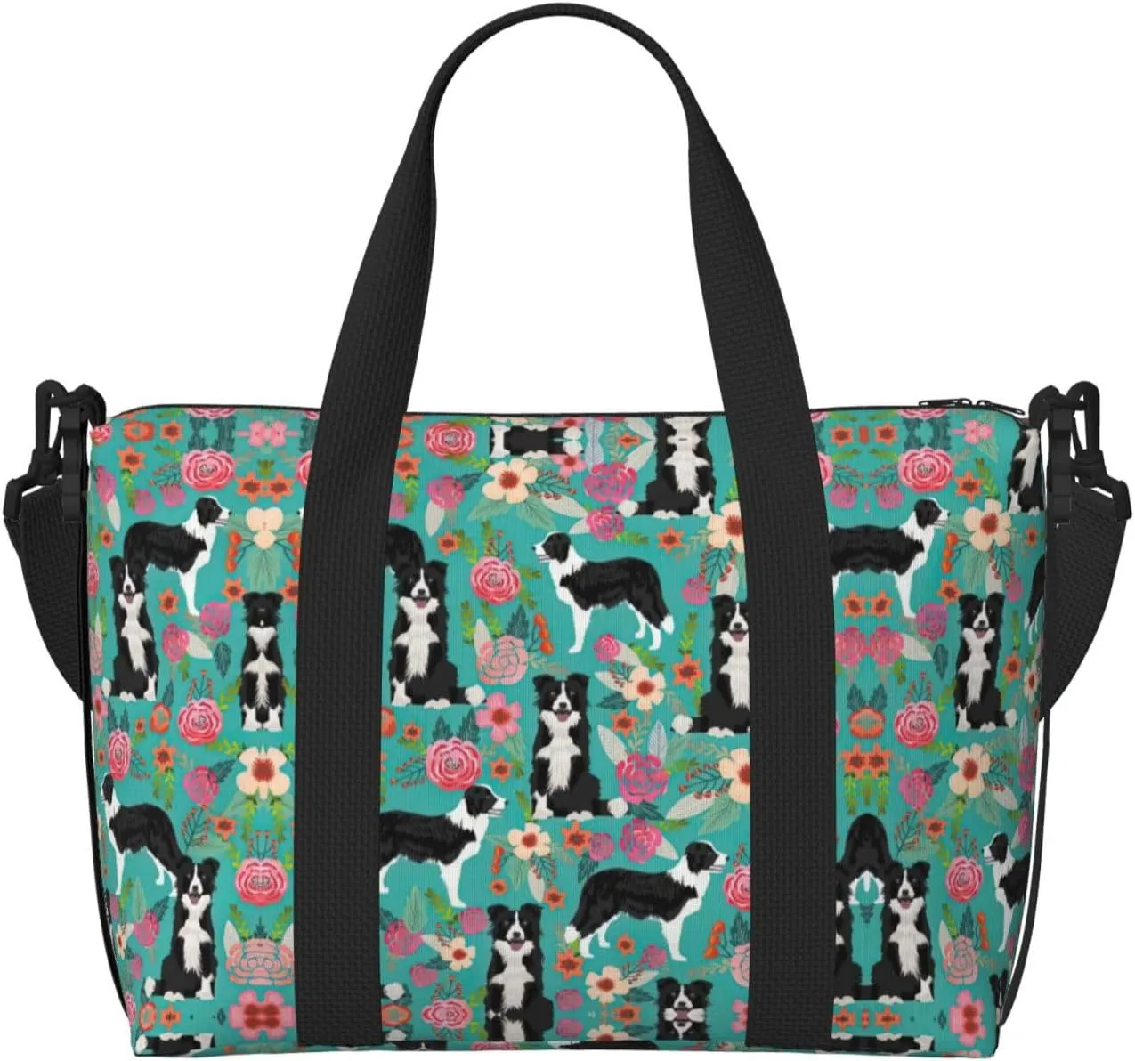 Border Collie Florals Printinggym Bags For Men Women, Foldable Travel Duffle Bag,Lightweight Weekender Duffel Bag