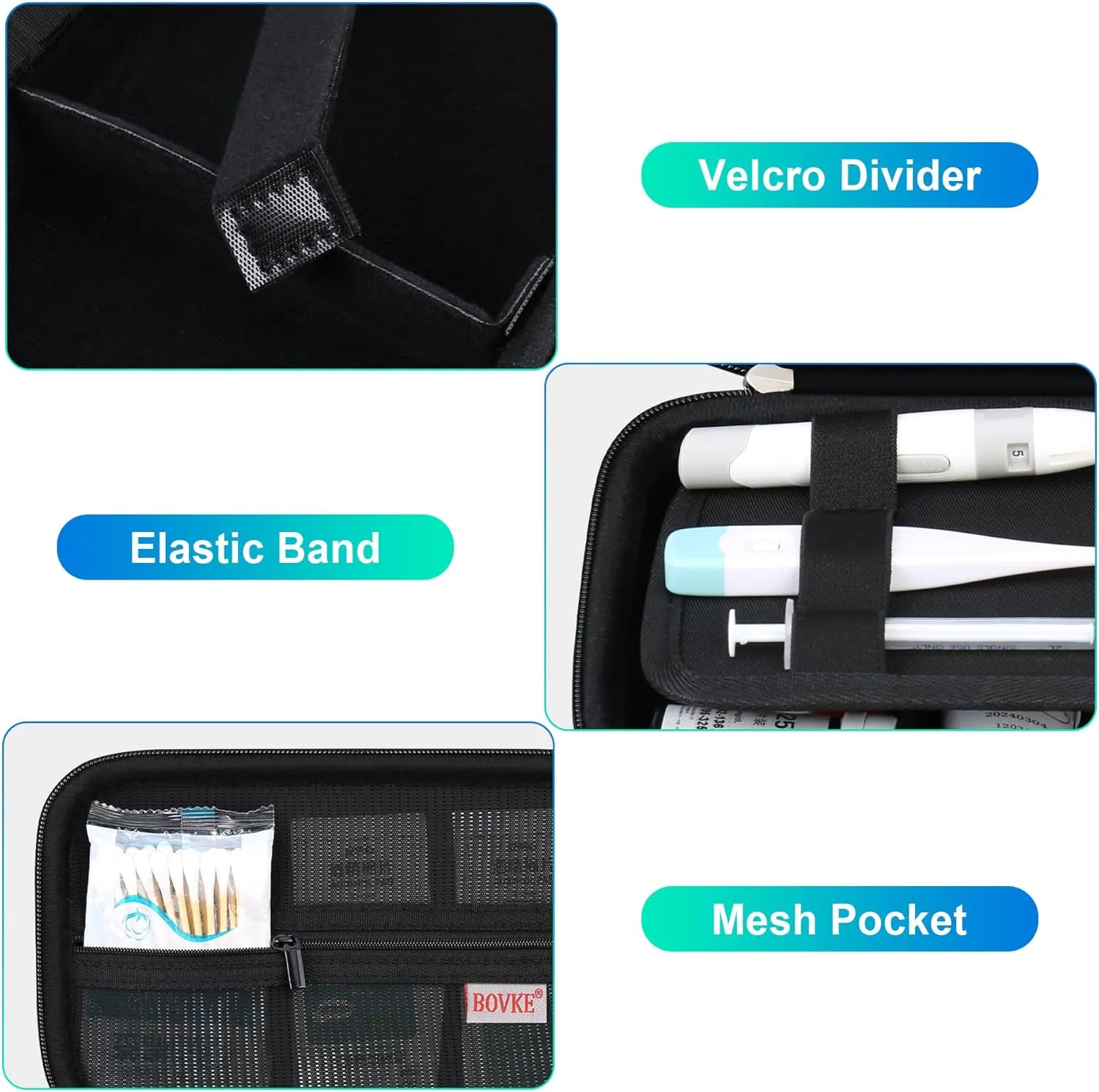 BOVKE Diabetic Supplies Travel Case, Storage Bag for Diabetes Testing Kit, Glucose Meter, Insulin Pens, Test Strips, Lancets, Syringe, Needles and Other Diabetic Supplies Carrying Case, Black