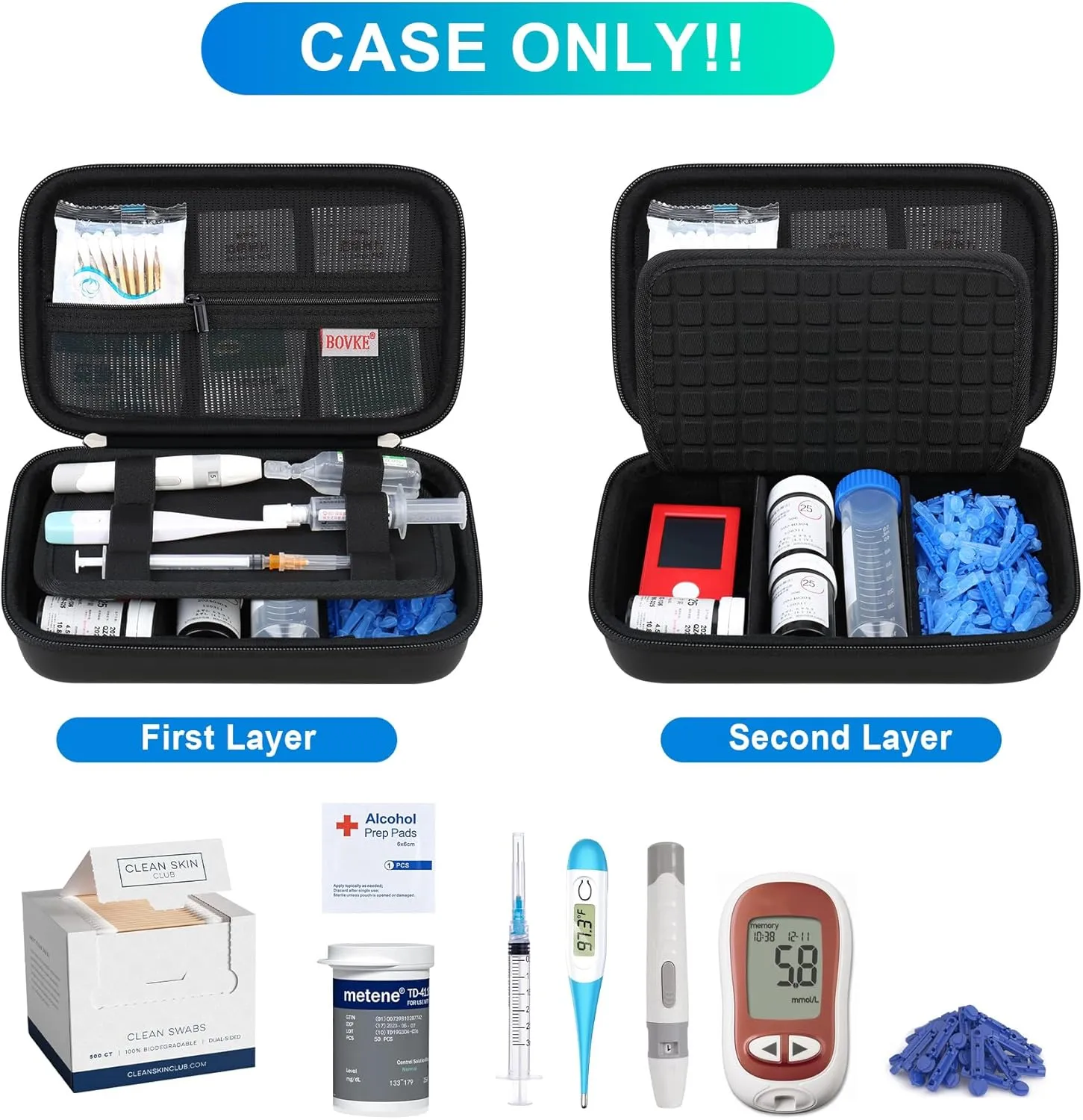BOVKE Diabetic Supplies Travel Case, Storage Bag for Diabetes Testing Kit, Glucose Meter, Insulin Pens, Test Strips, Lancets, Syringe, Needles and Other Diabetic Supplies Carrying Case, Black