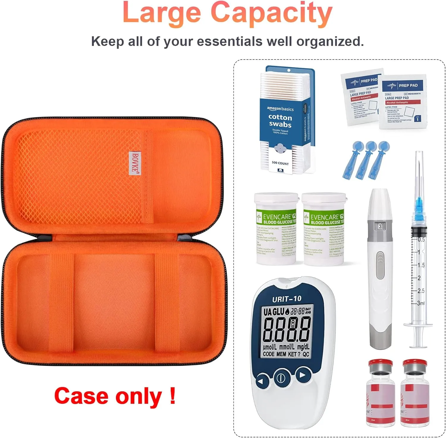 BOVKE Diabetic Supplies Travel Case, Storage Carrying Bag for Diabetes Testing Kit, Blood Glucose Monitor Meters, Test Strips, Medication, Lancets, Needles, Syringes and Other Diabetic Supplies, Black
