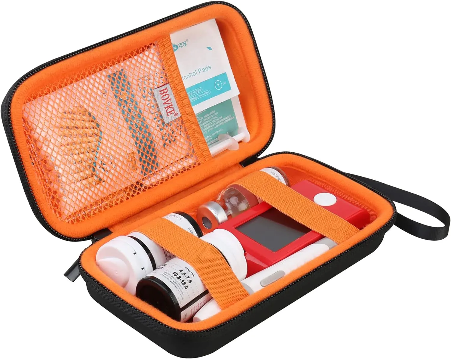 BOVKE Diabetic Supplies Travel Case, Storage Carrying Bag for Diabetes Testing Kit, Blood Glucose Monitor Meters, Test Strips, Medication, Lancets, Needles, Syringes and Other Diabetic Supplies, Black