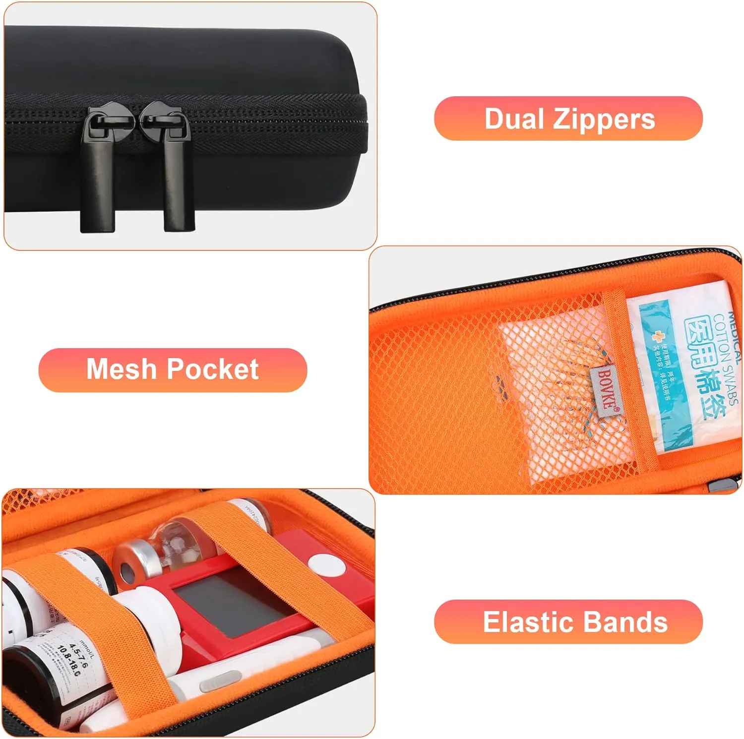 BOVKE Diabetic Supplies Travel Case, Storage Carrying Bag for Diabetes Testing Kit, Blood Glucose Monitor Meters, Test Strips, Medication, Lancets, Needles, Syringes and Other Diabetic Supplies, Black