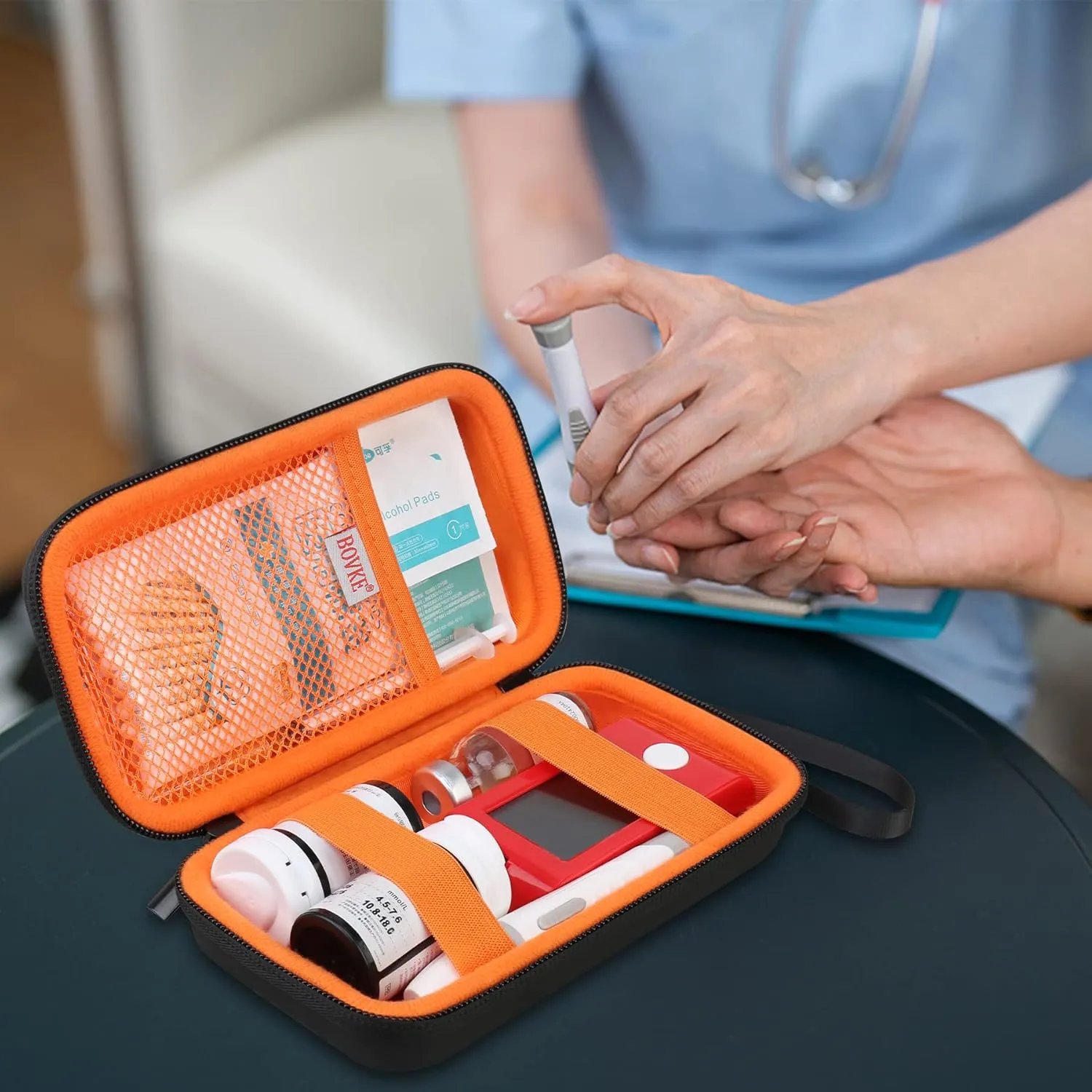 BOVKE Diabetic Supplies Travel Case, Storage Carrying Bag for Diabetes Testing Kit, Blood Glucose Monitor Meters, Test Strips, Medication, Lancets, Needles, Syringes and Other Diabetic Supplies, Black