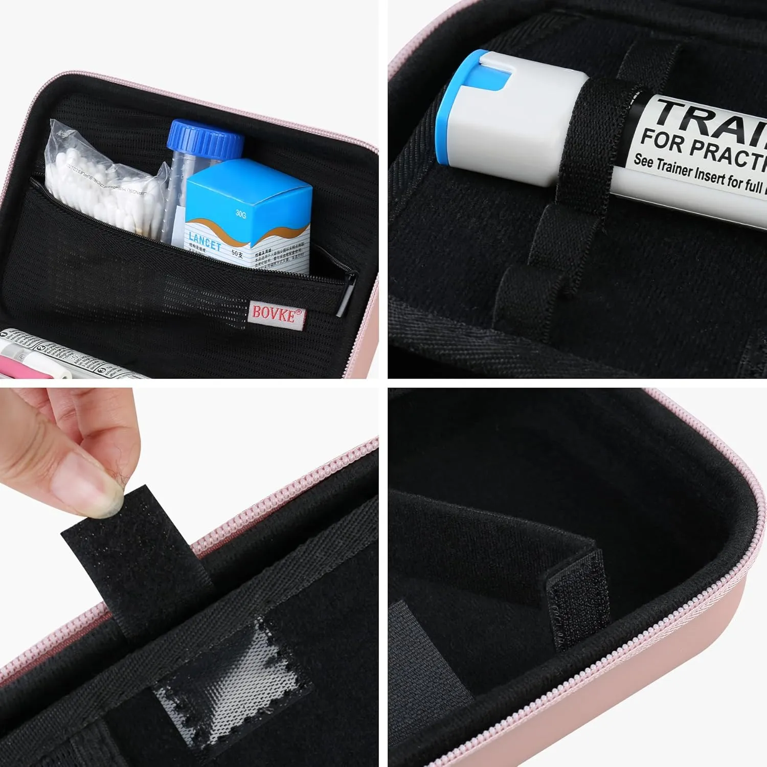 BOVKE Glucose Monitor Case - Diabetic Supply Travel Case for Glucose Meter, Blood Sugar Test Strips, Lancets, Needles, Insulin Pens - Rosegold