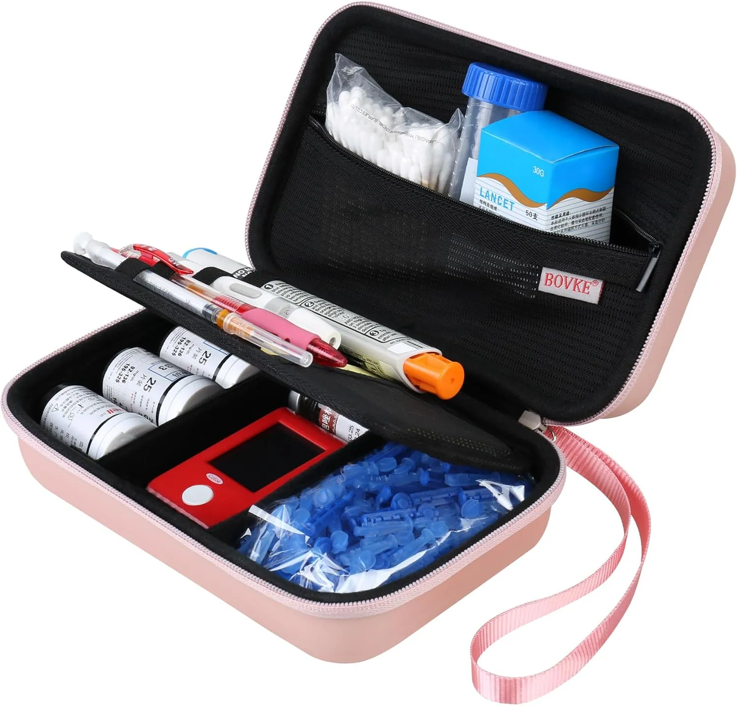 BOVKE Glucose Monitor Case - Diabetic Supply Travel Case for Glucose Meter, Blood Sugar Test Strips, Lancets, Needles, Insulin Pens - Rosegold