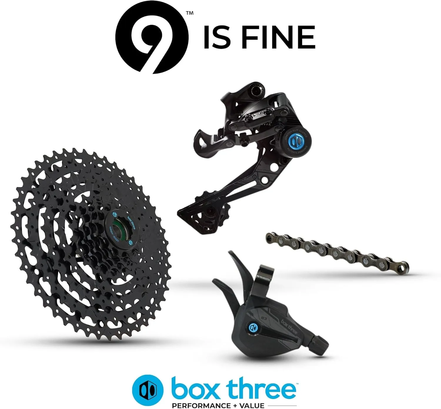 Box Three Prime 9 Multi Shift Non E-Bike and Single Shift E-Bike Cycling Groupset 9 Speed 1x Drivetrain Shifter, Rear Derailleur, Freehub Bike Cassette, Chain | Box Components