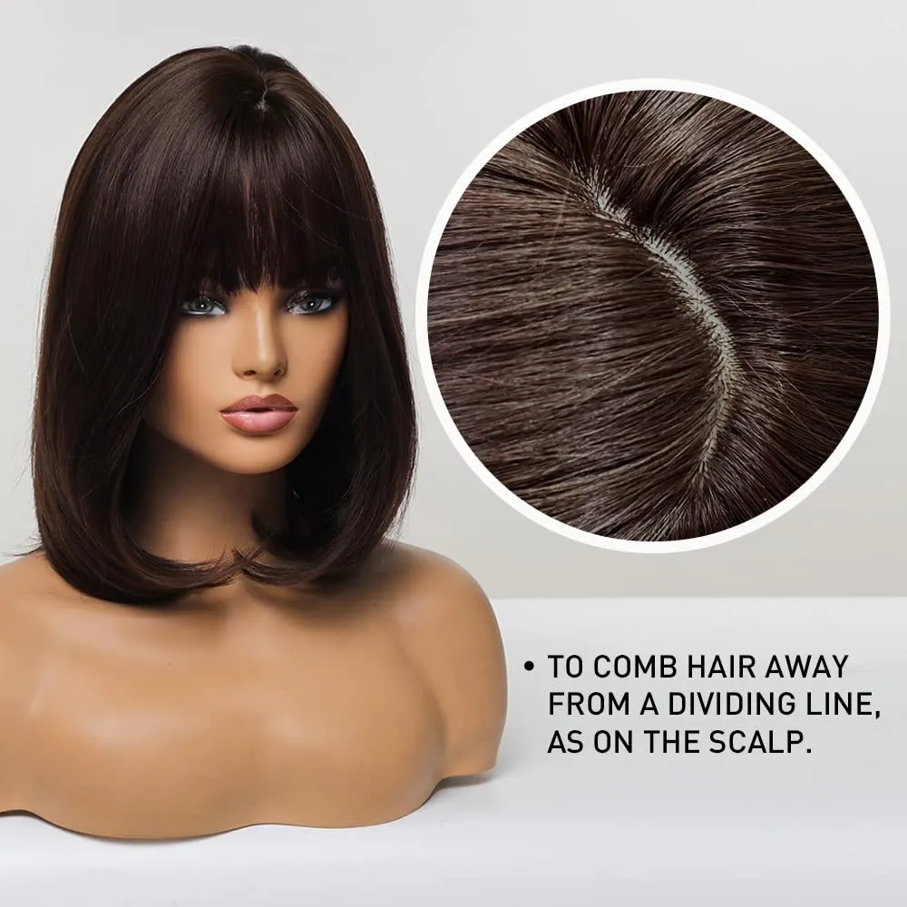 Brown Bob Wig with Bangs, Synthetic Wig 150% Density, Slightly Reddish in Sun