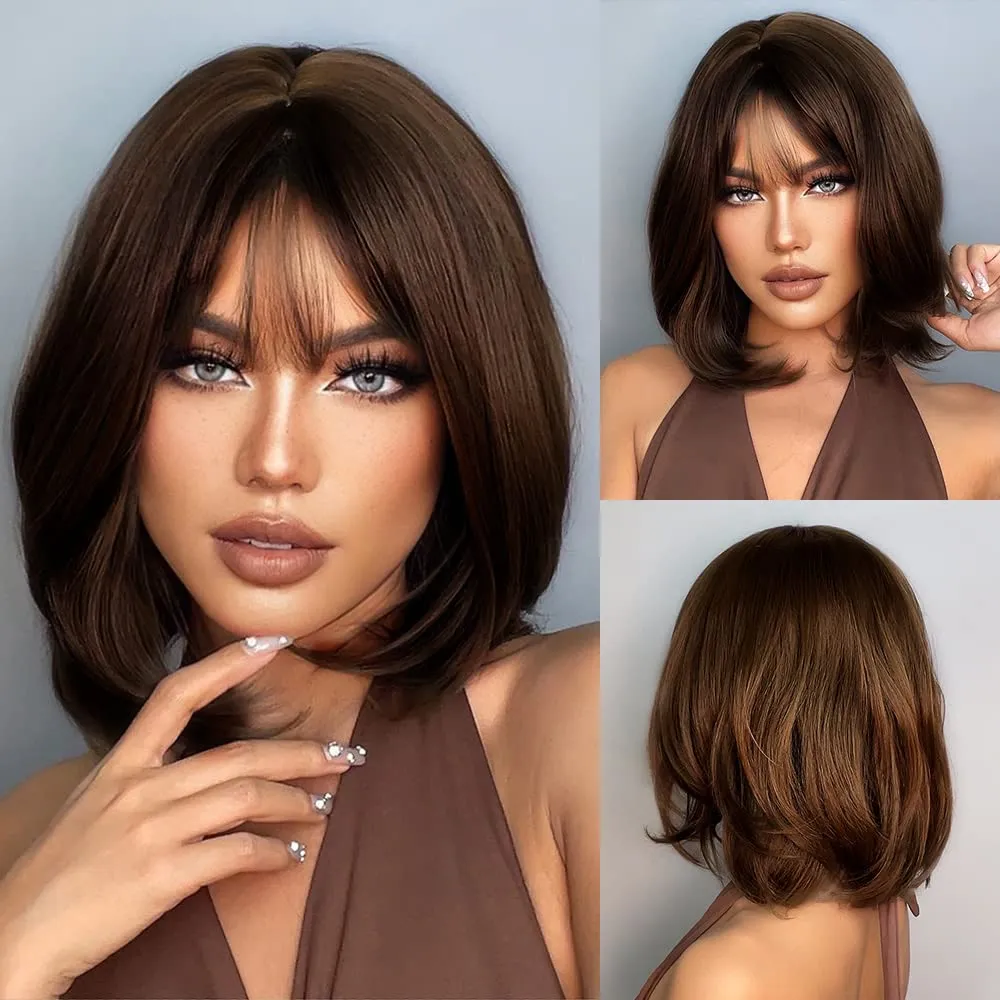 Brown Bob Wig with Bangs, Synthetic Wig 150% Density, Slightly Reddish in Sun