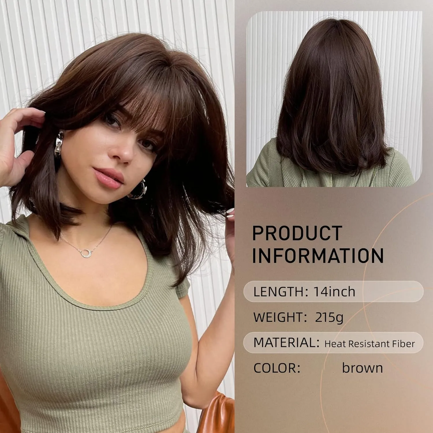 Brown Bob Wig with Bangs, Synthetic Wig 150% Density, Slightly Reddish in Sun