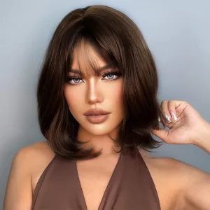 Brown Bob Wig with Bangs, Synthetic Wig 150% Density, Slightly Reddish in Sun