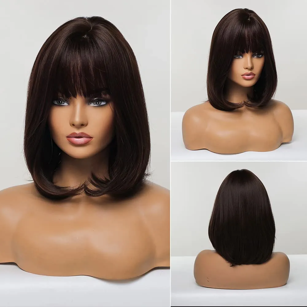 Brown Bob Wig with Bangs, Synthetic Wig 150% Density, Slightly Reddish in Sun