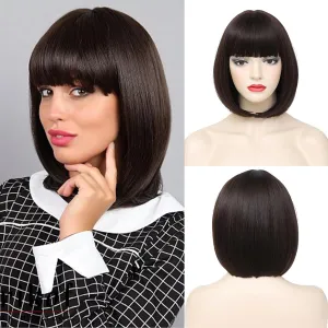 Brown Bob Wigs with Bangs Short Straight Bob Wig For Women Shoulder Length Synthetic Wigs For Halloween Daily Party Cosplay