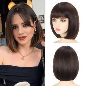 Brown Mix Light Brown Bob Wigs With Bangs 12 inch Short Straight Synthetic Shoulder Length Wig For Women Heat Resistant Bob Wig Style for Daily Party Cosplay (4/30, 12 Inch)