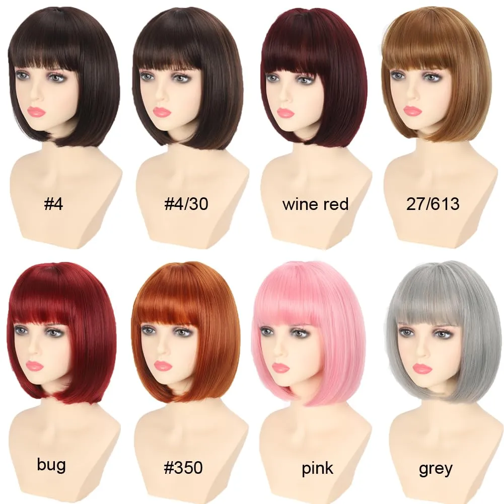 Brown Mix Light Brown Bob Wigs With Bangs 12 inch Short Straight Synthetic Shoulder Length Wig For Women Heat Resistant Bob Wig Style for Daily Party Cosplay (4/30, 12 Inch)