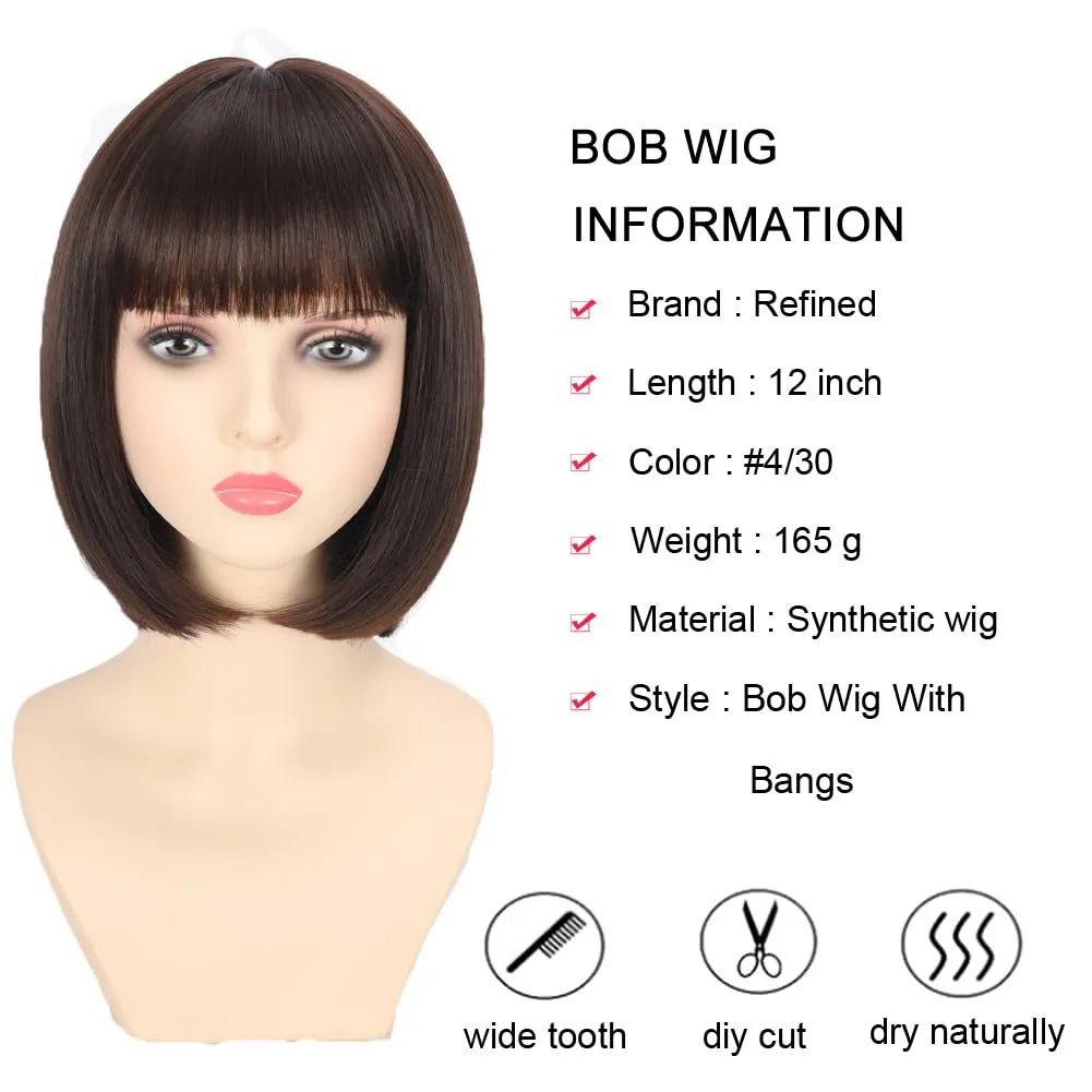 Brown Mix Light Brown Bob Wigs With Bangs 12 inch Short Straight Synthetic Shoulder Length Wig For Women Heat Resistant Bob Wig Style for Daily Party Cosplay (4/30, 12 Inch)