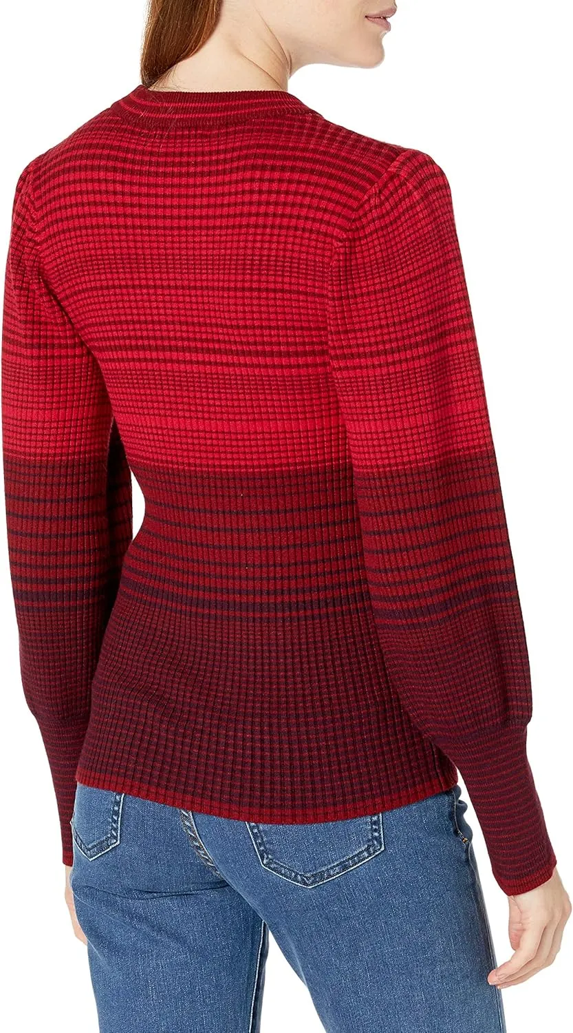 Cable Stitch Women's Ombre Striped Pullover Sweater - Crewneck Long Bishop Sleeve Colorblock Rib Knit Top