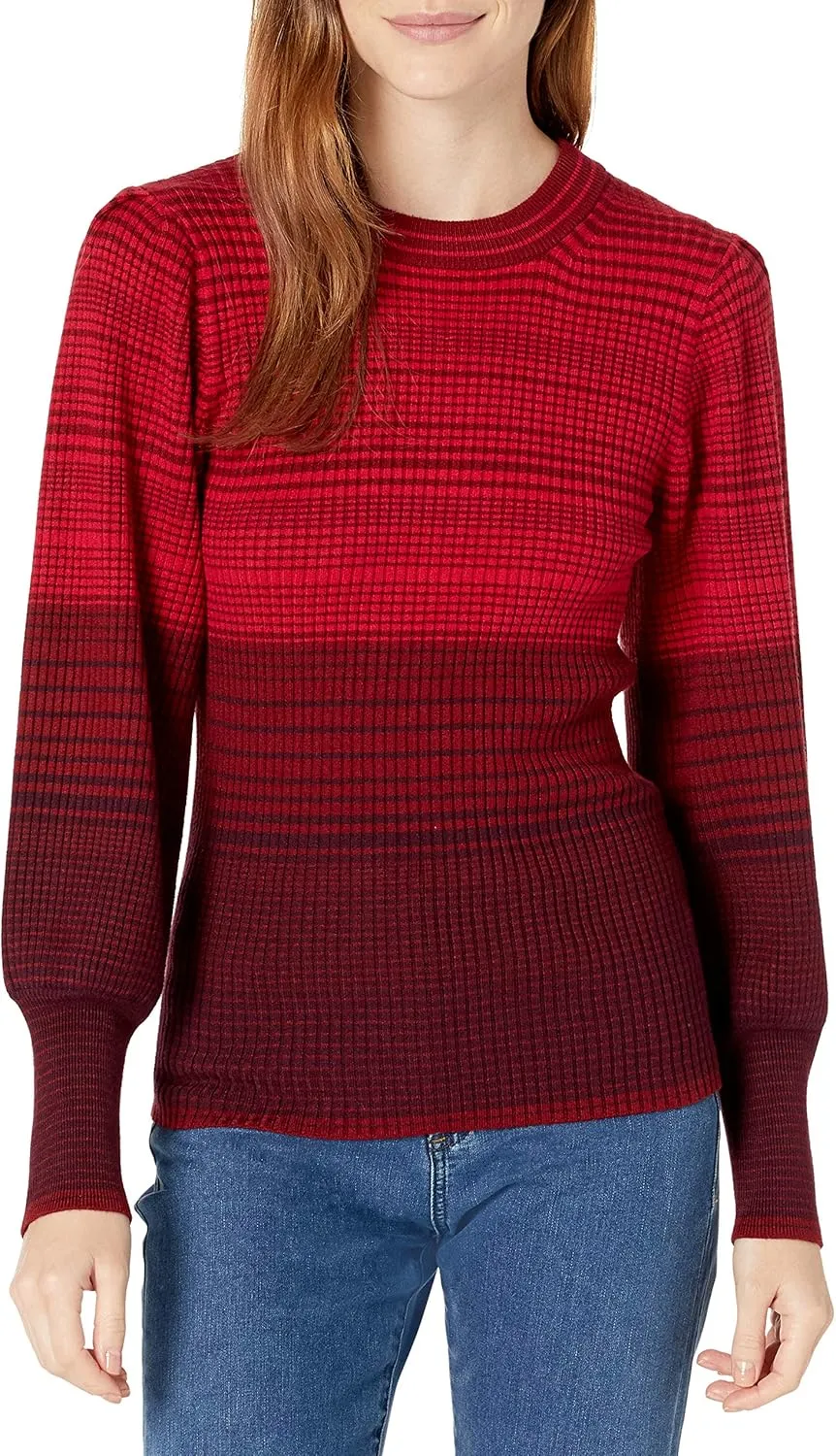 Cable Stitch Women's Ombre Striped Pullover Sweater - Crewneck Long Bishop Sleeve Colorblock Rib Knit Top