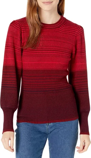 Cable Stitch Women's Ombre Striped Pullover Sweater - Crewneck Long Bishop Sleeve Colorblock Rib Knit Top