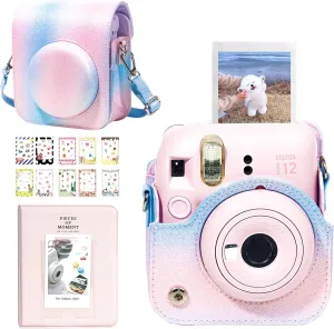 CAIYOULE Protective Case for Fujifilm PU Leather Camera Bag Compatible with Fuji Mini 12, Mini 12 Case with 64 Pockets Photo, blue-pink