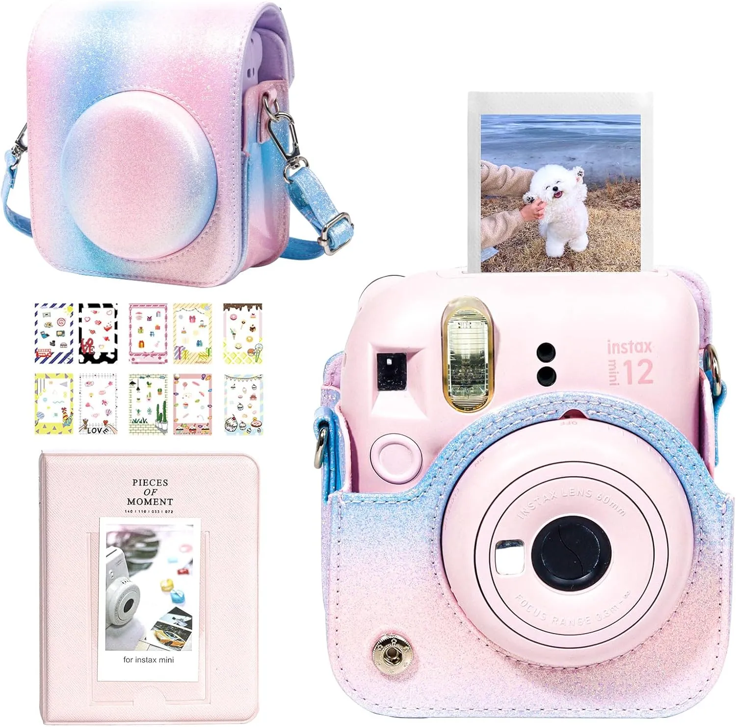 CAIYOULE Protective Case for Fujifilm PU Leather Camera Bag Compatible with Fuji Mini 12, Mini 12 Case with 64 Pockets Photo, blue-pink