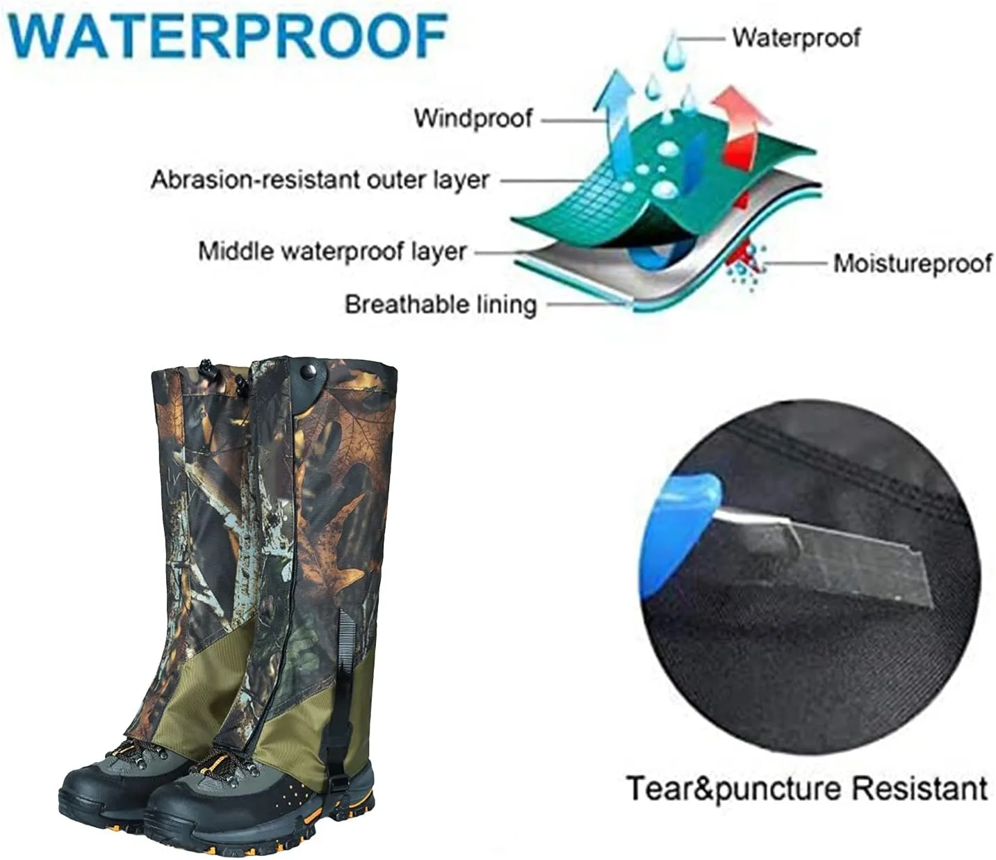 Camouflage Leg Gaiters, Waterproof and Snake-Proof Hiking Boots, Suitable for Hiking and Desert Jungle Camping Snow Boots Leggings (Color : A, Size : One Size)