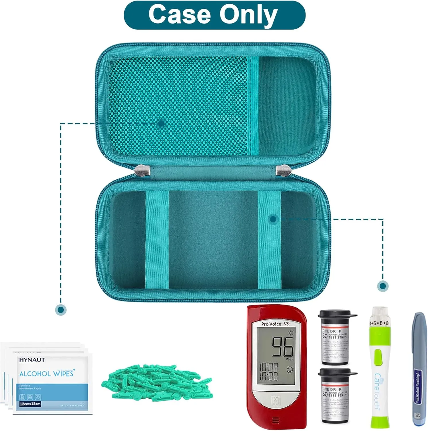 Canboc Diabetic Supplies Case, Carrying Organizer for Glucose Meter, Lancing Device, Blood Sugar Test Strips, Lancets, Insulin Pens, Alcohol Wipe and Diabetes Care Accessories, Turquoise Turquoise