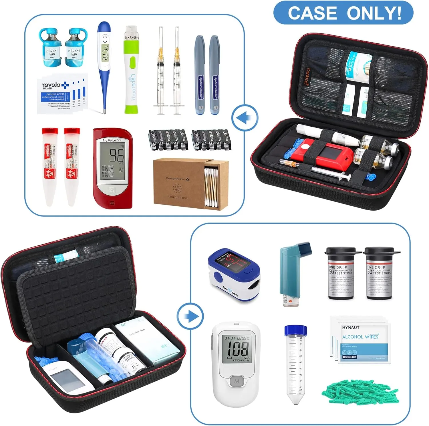 Canboc Diabetic Supplies Travel Case, Carrying Bag for Glucose Meter, Insulin Pens, Blood Sugar Test Strips, Lancets, Lancing Device, Medication, Alcohol Wipe or Other Diabetes Care Accessories, Black