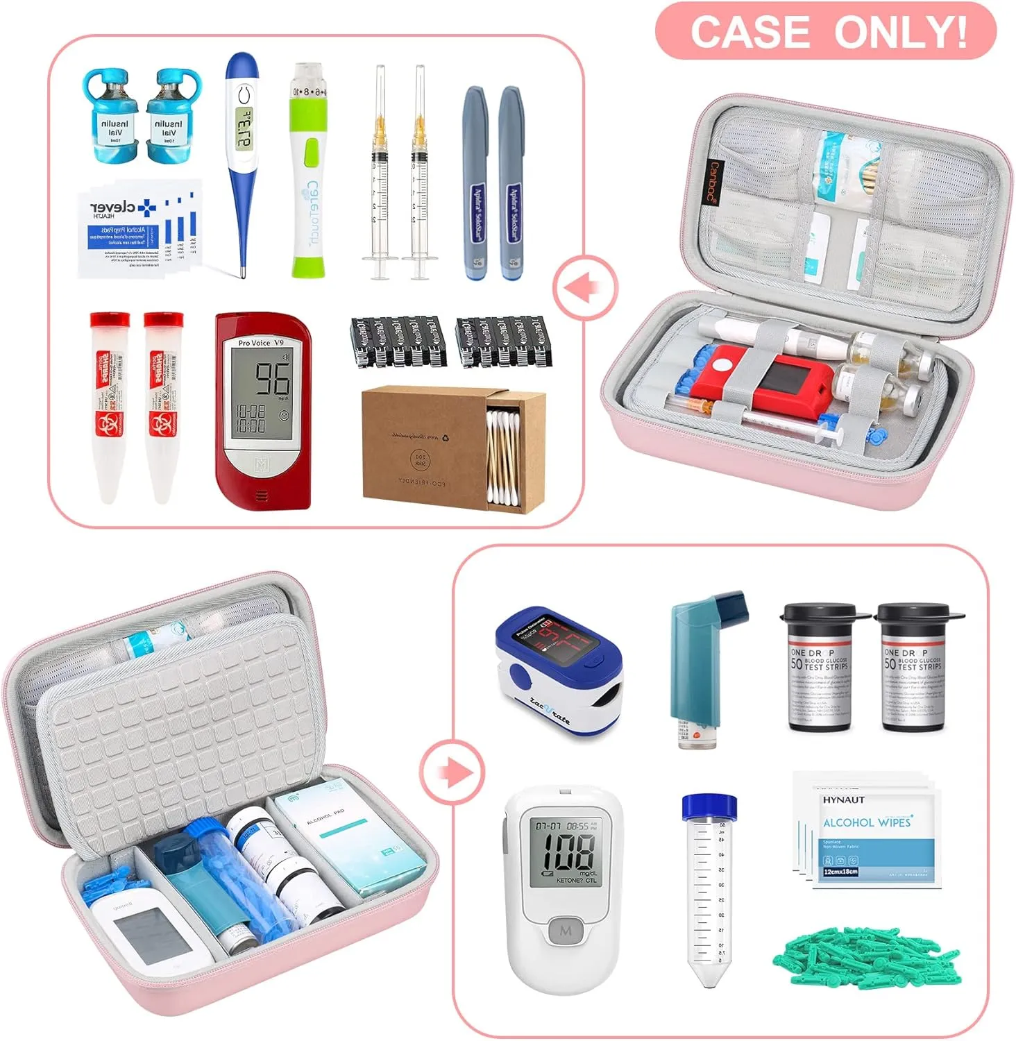 Canboc Diabetic Supplies Travel Case, Carrying Bag for Glucose Meter, Insulin Pens, Blood Sugar Test Strips, Lancets, Syringe, Medication, Alcohol Wipe or Other Diabetes Care Accessories, Rose Gold