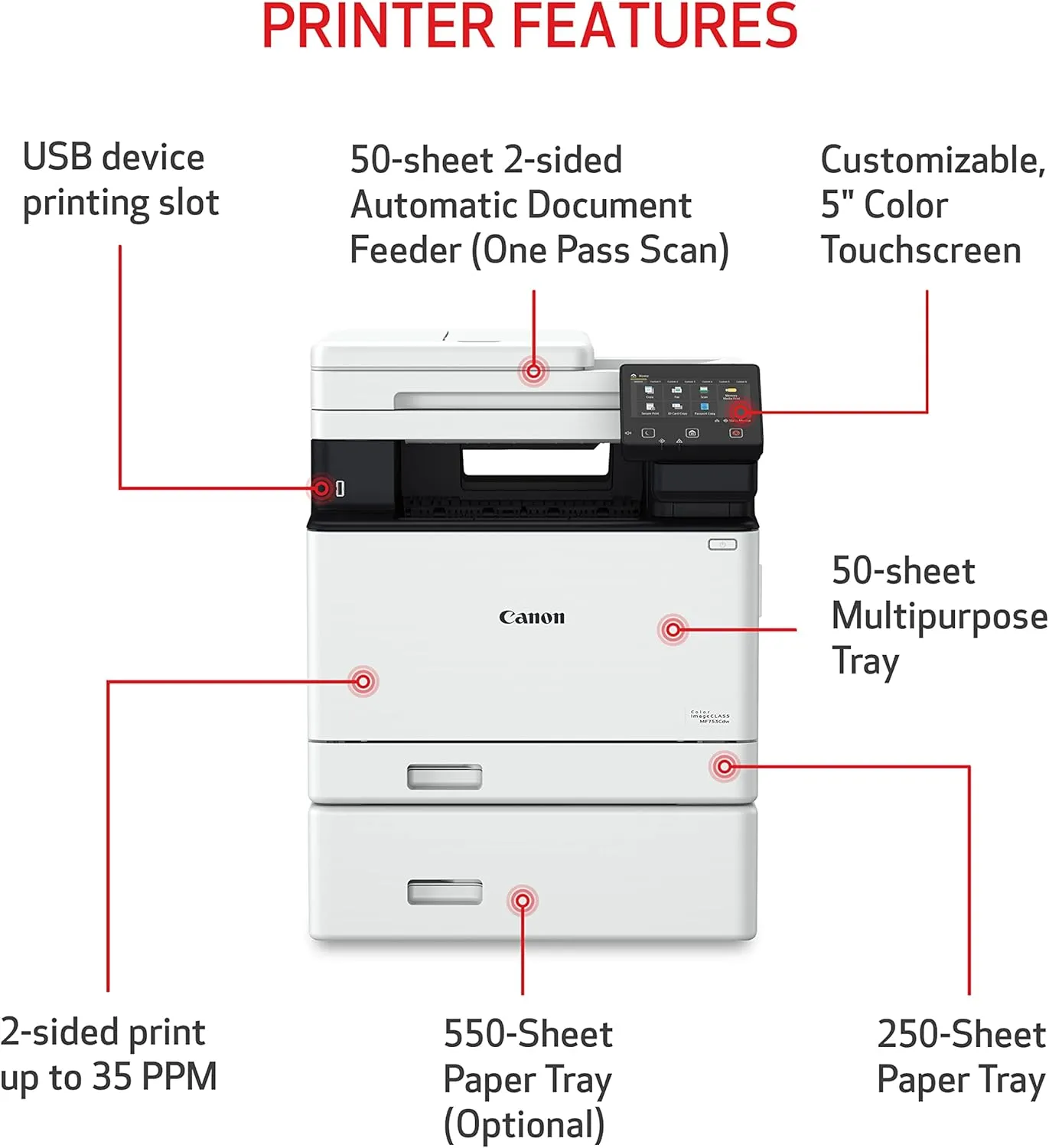 Canon Color imageCLASS MF753Cdw - Wireless Duplex Laser Printer, All-In-One with Scanner, Copier, Fax, Auto Document Feeder, Mobile Ready, 3 Year Limited Warranty, 35 PPM, White