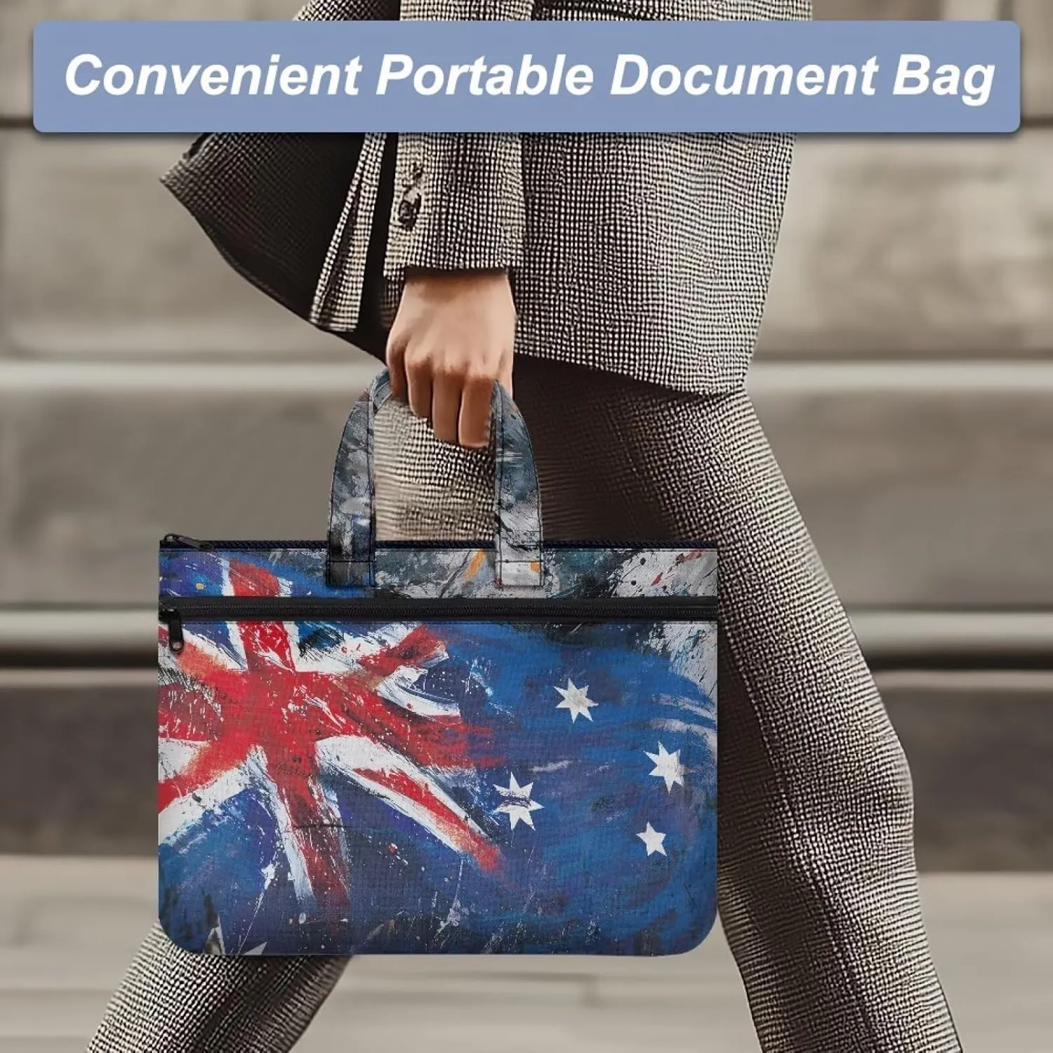 Canvas Document Bag with Zipper Portable Briefcase Portfolio Folder 2 Compartments Handbag Meeting Office Organizer Briefcase