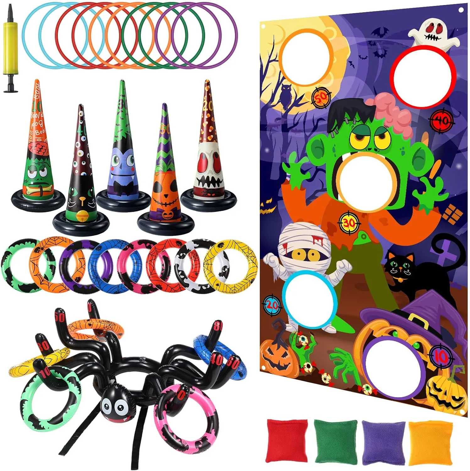 Capoda Halloween Party Games Set Inflatable Witch Hat Ring Toss Games Halloween Spiders Ring Toss Bean Bag Toss Game for Halloween Birthday Outside Indoor Game Party Favors Supplies