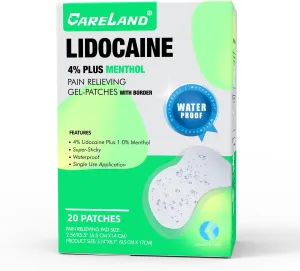 CARELAND 4% Lidocaine Knee Patches Plus 1% Menthol,20 Pcs Waterproof Maximum Strength Back Pain Relief Products Patches with Border,for Knee Shoulder Pain Relief