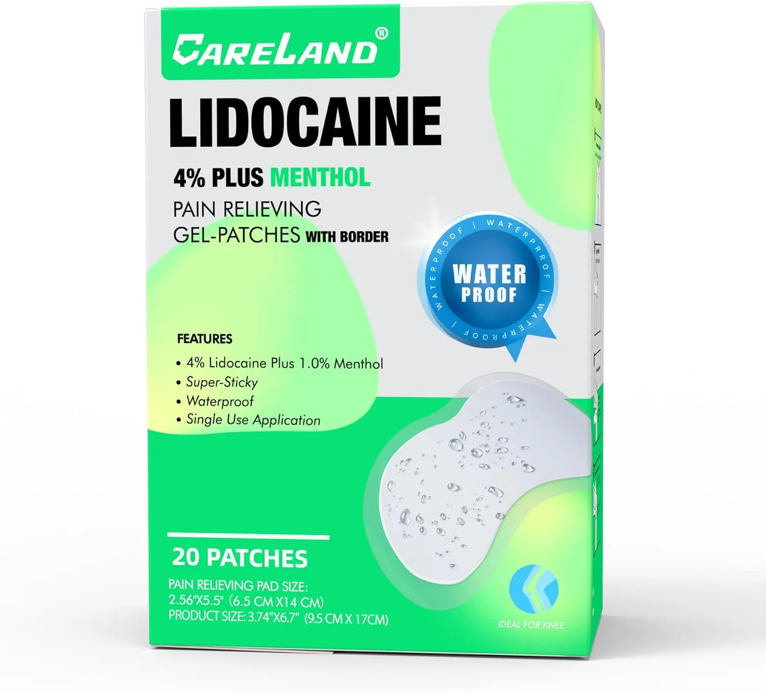 CARELAND 4% Lidocaine Knee Patches Plus 1% Menthol,20 Pcs Waterproof Maximum Strength Back Pain Relief Products Patches with Border,for Knee Shoulder Pain Relief