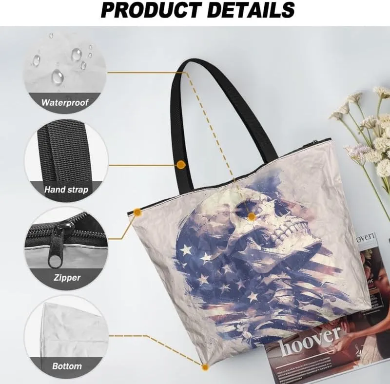 Carton Border Collie Dupont Paper Tote Bags Ladybug Daisy Reusable Handbag USA Flag Skull Shoulder Bag Shopping Work