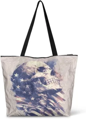 Carton Border Collie Dupont Paper Tote Bags Ladybug Daisy Reusable Handbag USA Flag Skull Shoulder Bag Shopping Work