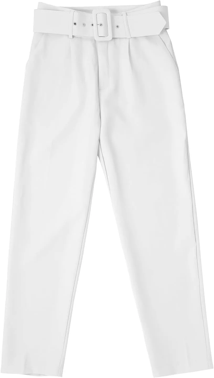 Casual Belted Dress Pants for Women Slim Fit Office Work Pencil Pants High Waisted Straight Leg Pull-On Trousers with Pockets