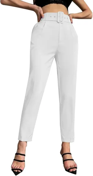 Casual Belted Dress Pants for Women Slim Fit Office Work Pencil Pants High Waisted Straight Leg Pull-On Trousers with Pockets