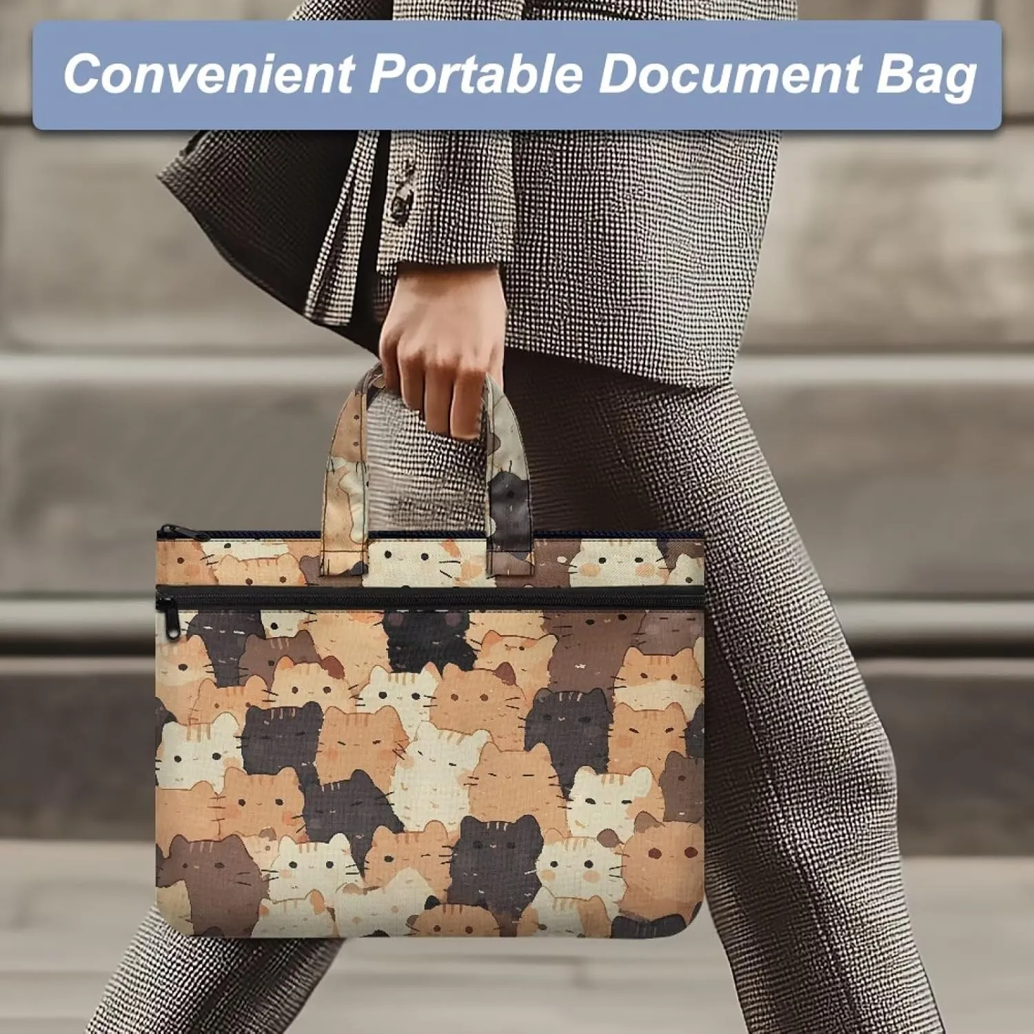 Cat Document Storage Bag with Zipper File Storage Bag Portable Portfolio with Double Compartments Handle Bag Briefcase Safe Home Office Travel Hold